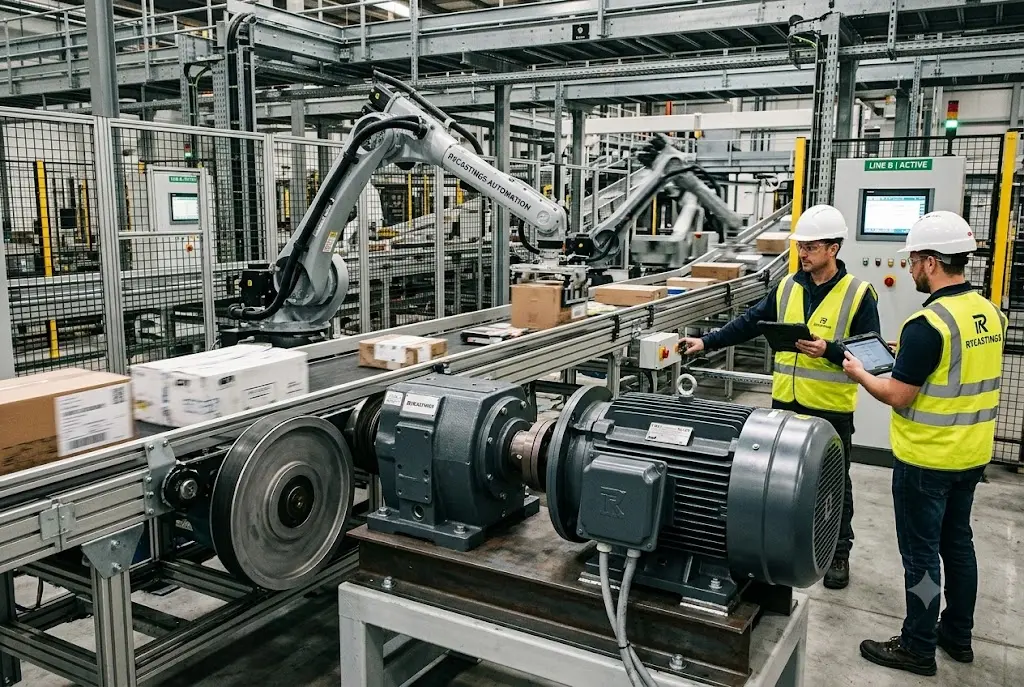Custom die-cast aluminum housing for heavy-duty industrial motor and gearbox assembly on an automated factory conveyor line