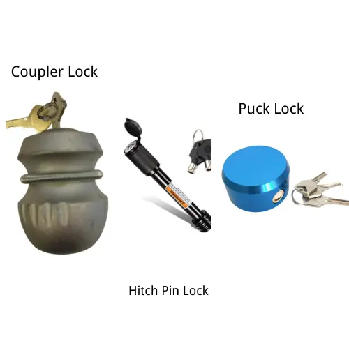 Trailer lock types comparison including coupler lock, hitch pin lock and puck lock