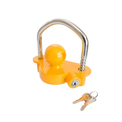 Universal yellow trailer coupler lock with heavy duty steel u-bar