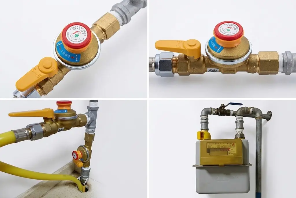 Commercial kitchen stainless steel gas stove with pressure regulators and valves