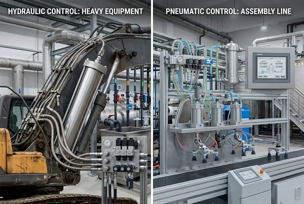 Pneumatic cylinders, solenoid valves, and suction cups on automated assembly line