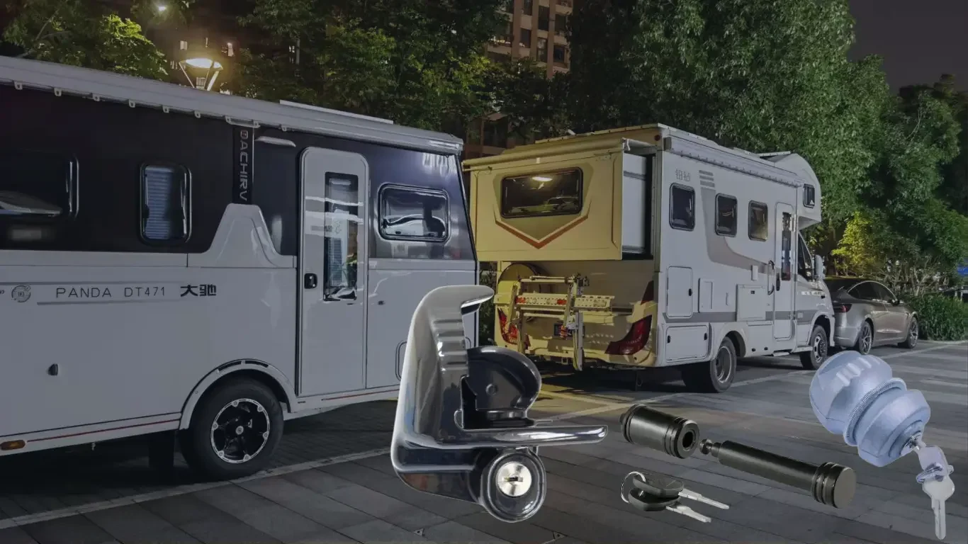 Coupler lock installed inside a trailer coupler cavity on an RV camper